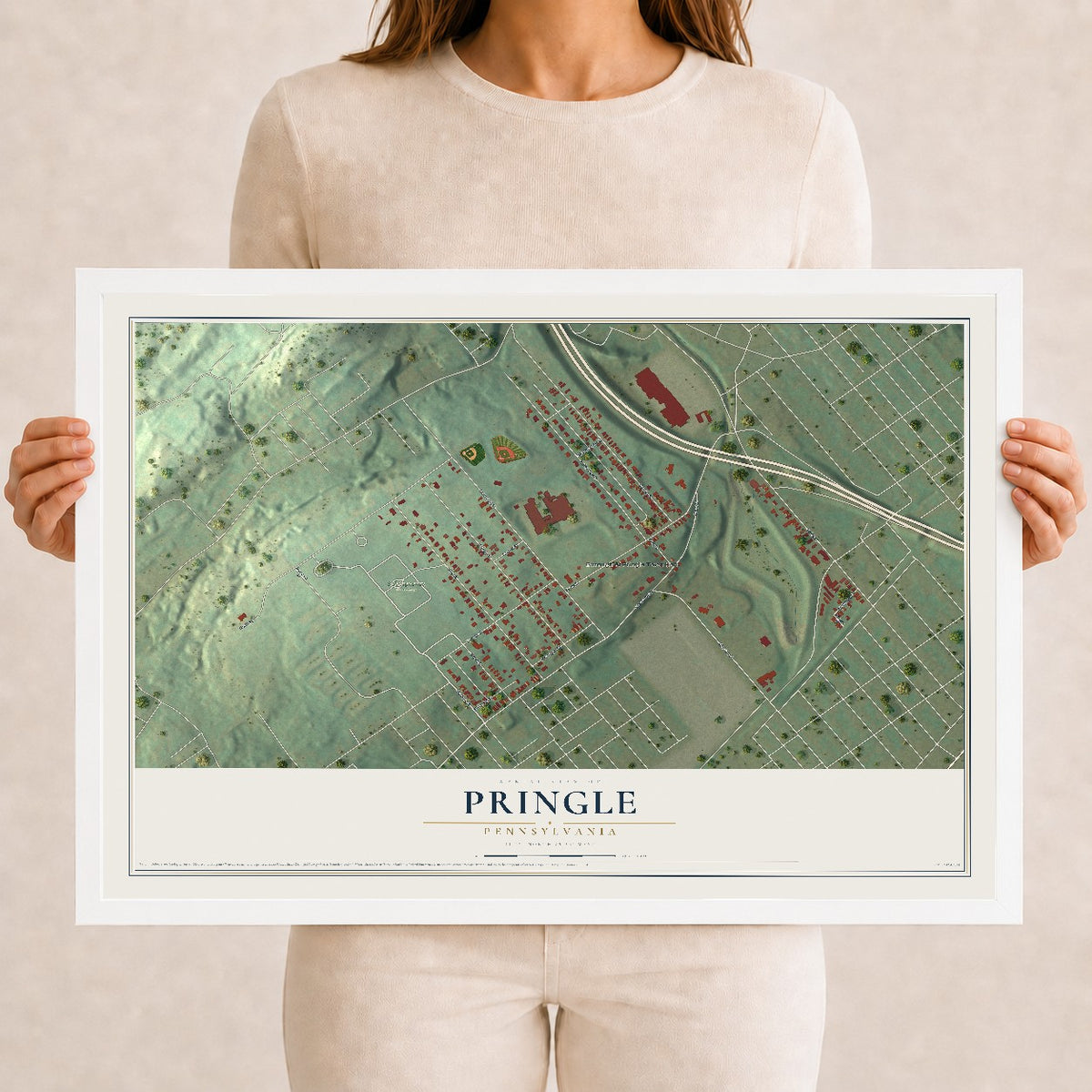 Map of Pringle, Pennsylvania, 12 x 18 inch print in a white wood frame