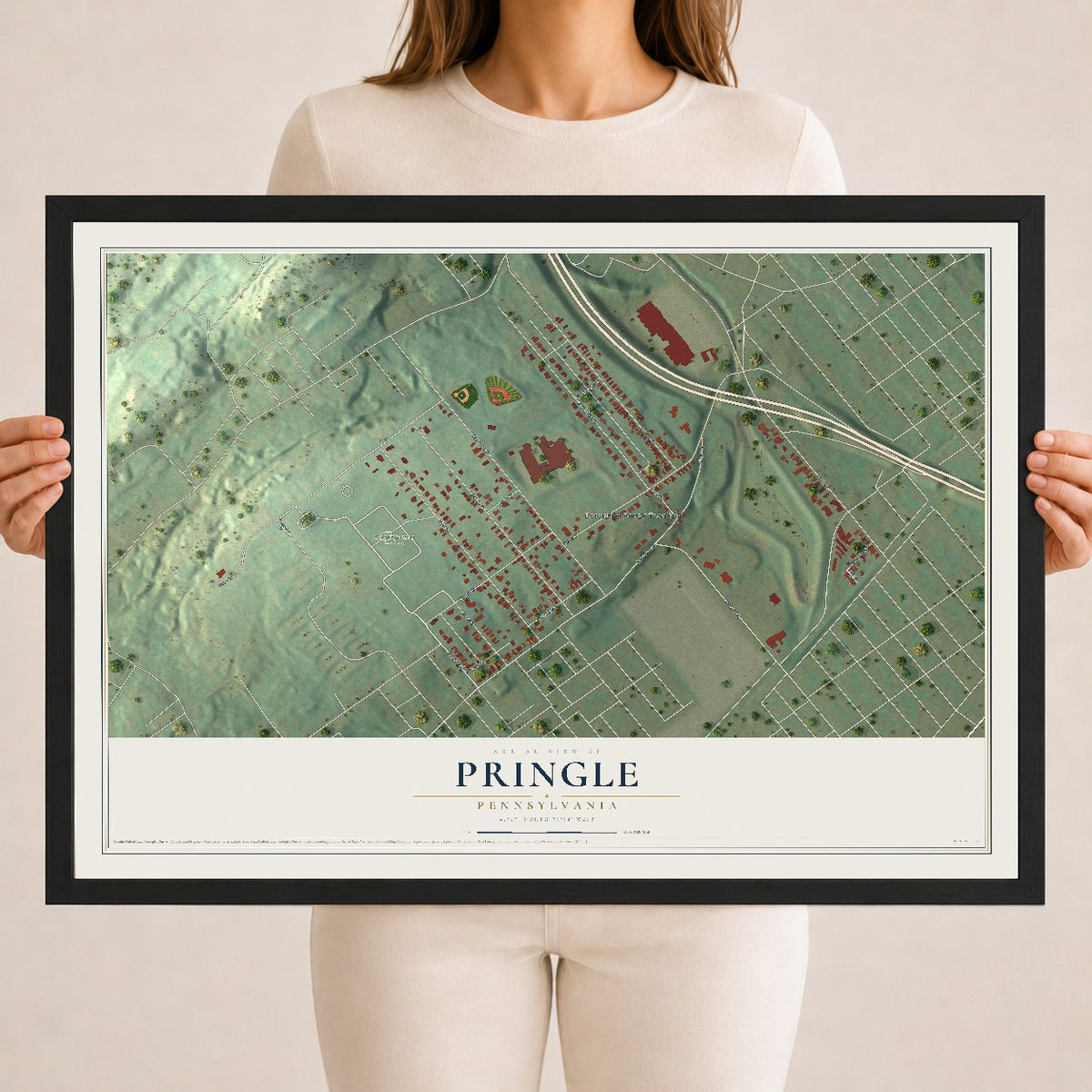 Map of Pringle, Pennsylvania, 18 x 24 inch print in a black wood frame