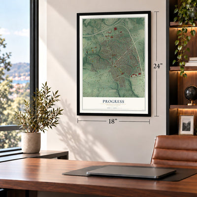 Progress, Pennsylvania map, 18 x 24 inch print in a black frame in a home office