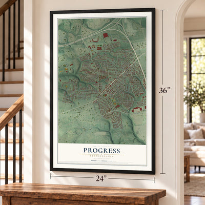 Progress, Pennsylvania map, 24 x 36 inch print in a black frame by a staircase