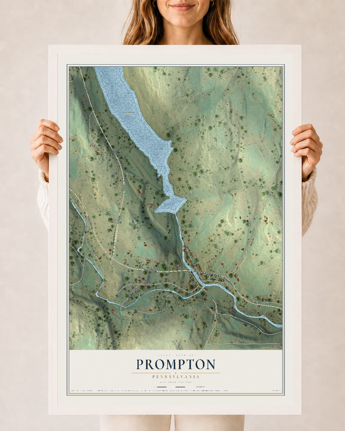 Map of Prompton, Pennsylvania, 24 x 36 inch print in a white wood frame