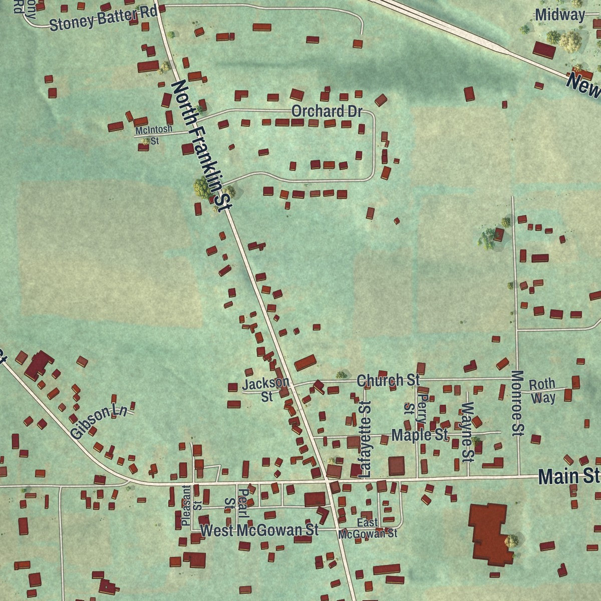 Close-up of the map of Prospect, Pennsylvania print showing street and building detail