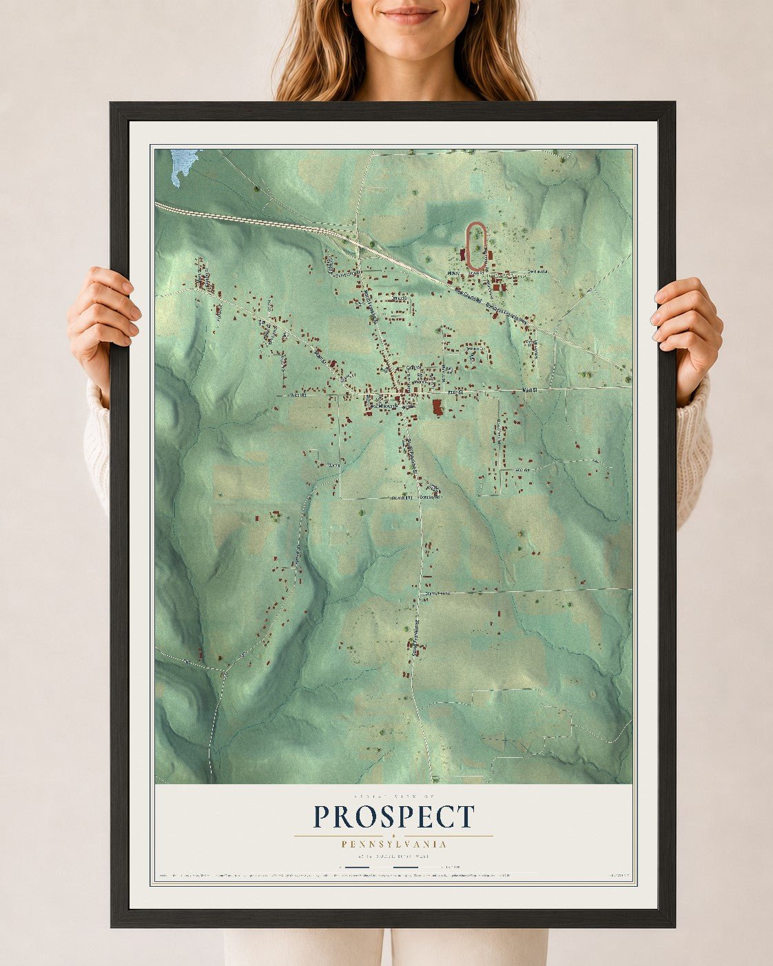 Map of Prospect, Pennsylvania, 24 x 36 inch print in a black wood frame