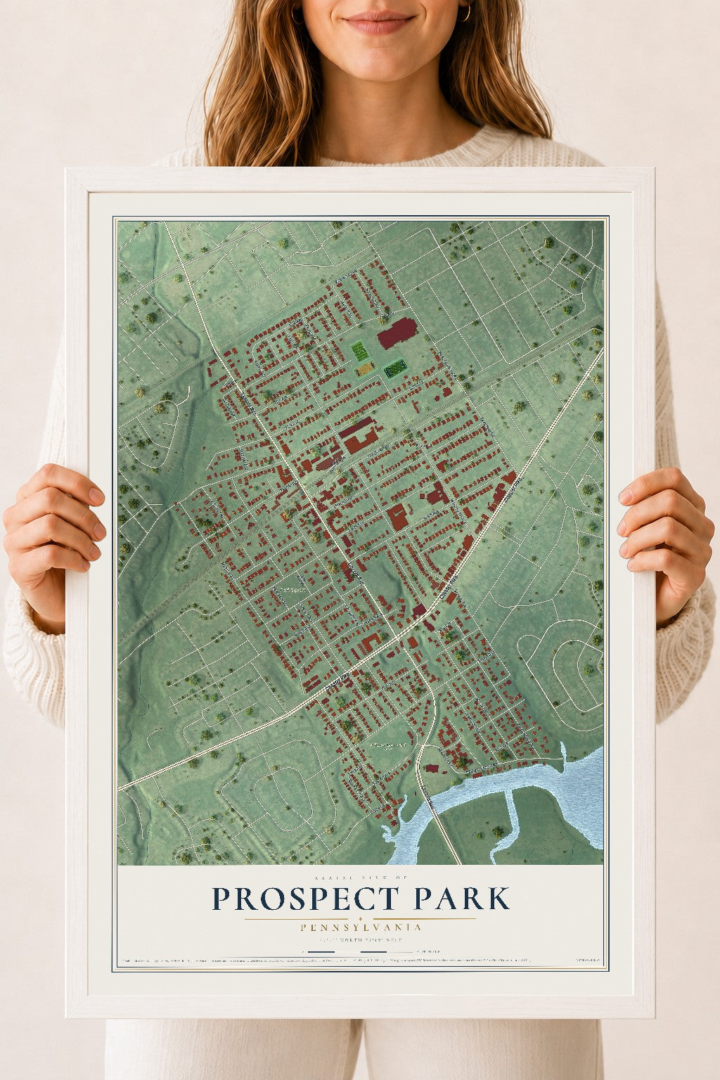 Map of Prospect Park, Pennsylvania, 18 x 24 inch print in a white wood frame