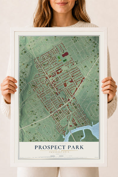 Map of Prospect Park, Pennsylvania, 18 x 24 inch print in a white wood frame