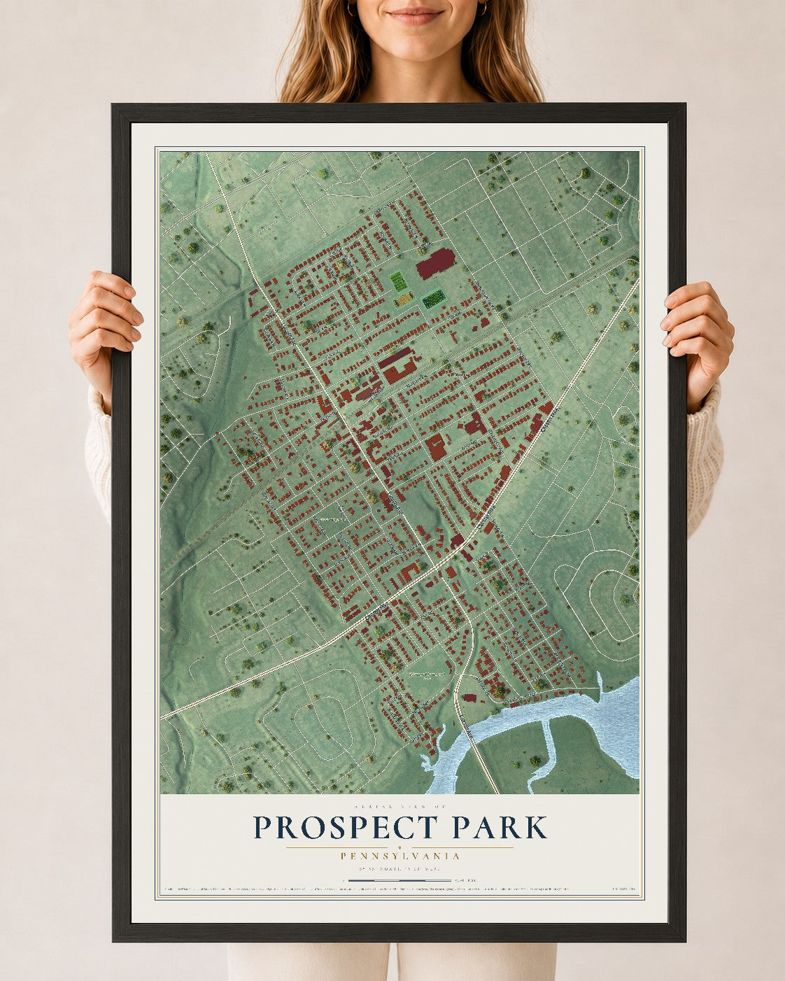 Map of Prospect Park, Pennsylvania, 24 x 36 inch print in a black wood frame