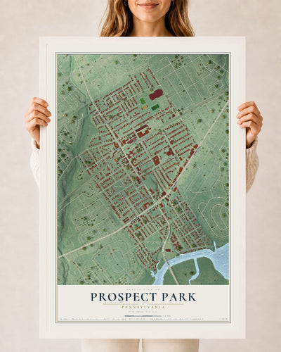 Map of Prospect Park, Pennsylvania, 24 x 36 inch print in a white wood frame