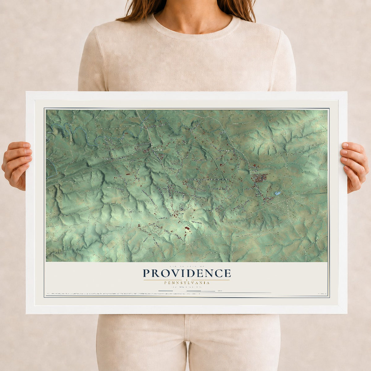 Map of Providence, Pennsylvania, 12 x 18 inch print in a white wood frame