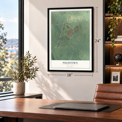 Pughtown, Pennsylvania map, 18 x 24 inch print in a black frame in a home office