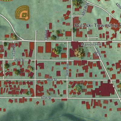 Second close-up of the map of Pulaski, Beaver County, Pennsylvania print showing more streets and buildings