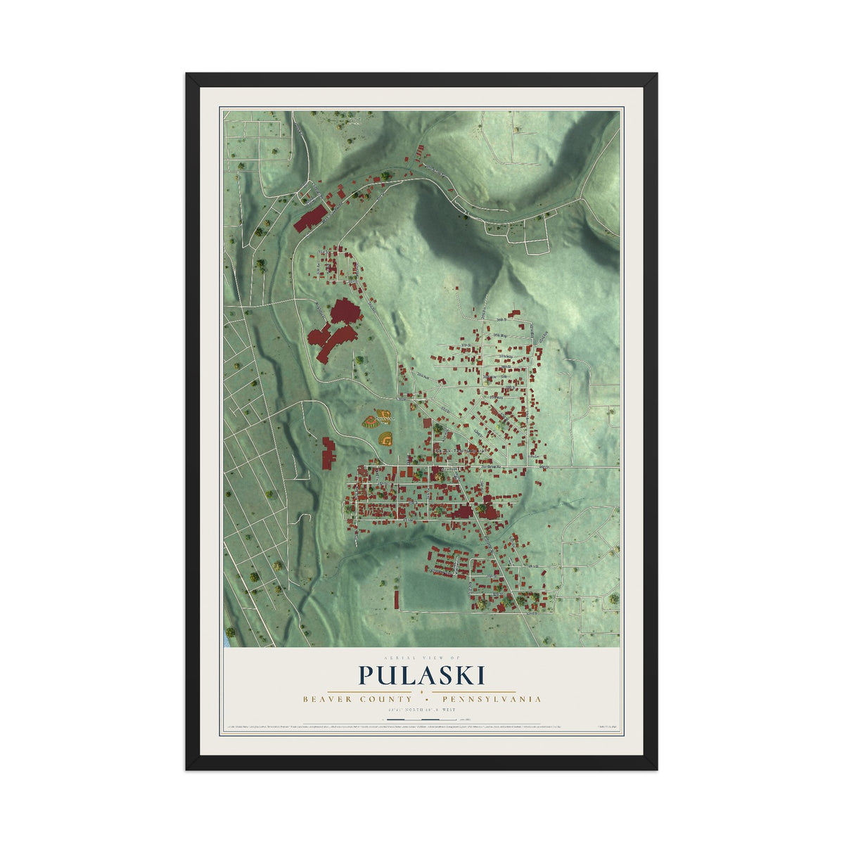 Map of Pulaski, Beaver County, Pennsylvania, 12 x 18 inch print in a black wood frame