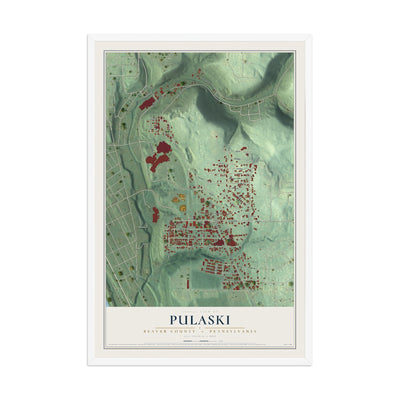 Map of Pulaski, Beaver County, Pennsylvania, 12 x 18 inch print in a white wood frame