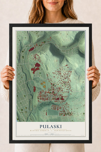 Map of Pulaski, Beaver County, Pennsylvania, 18 x 24 inch print in a black wood frame