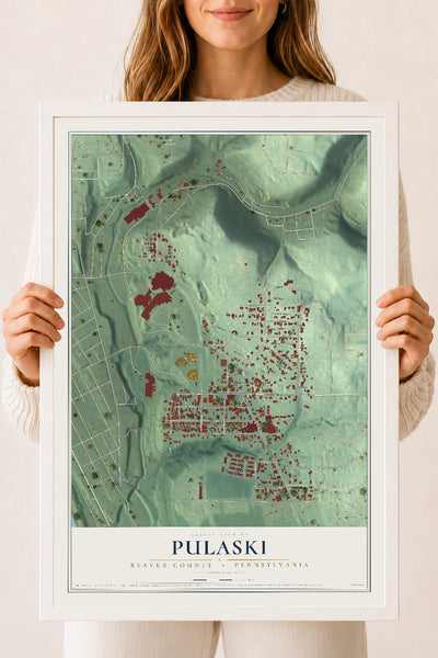 Map of Pulaski, Beaver County, Pennsylvania, 18 x 24 inch print in a white wood frame