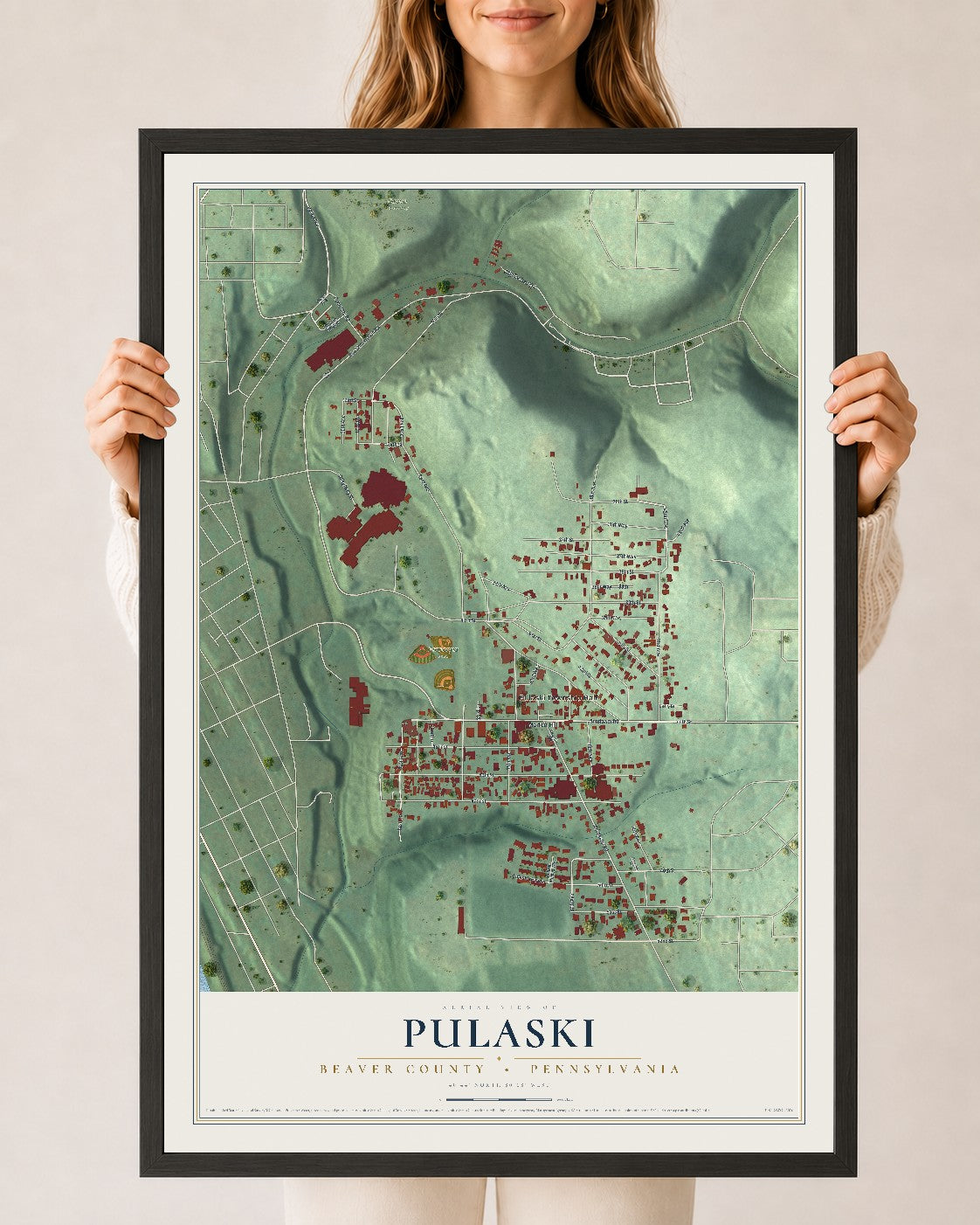 Map of Pulaski, Beaver County, Pennsylvania, 24 x 36 inch print in a black wood frame