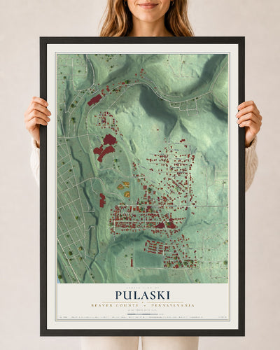 Map of Pulaski, Beaver County, Pennsylvania, 24 x 36 inch print in a black wood frame