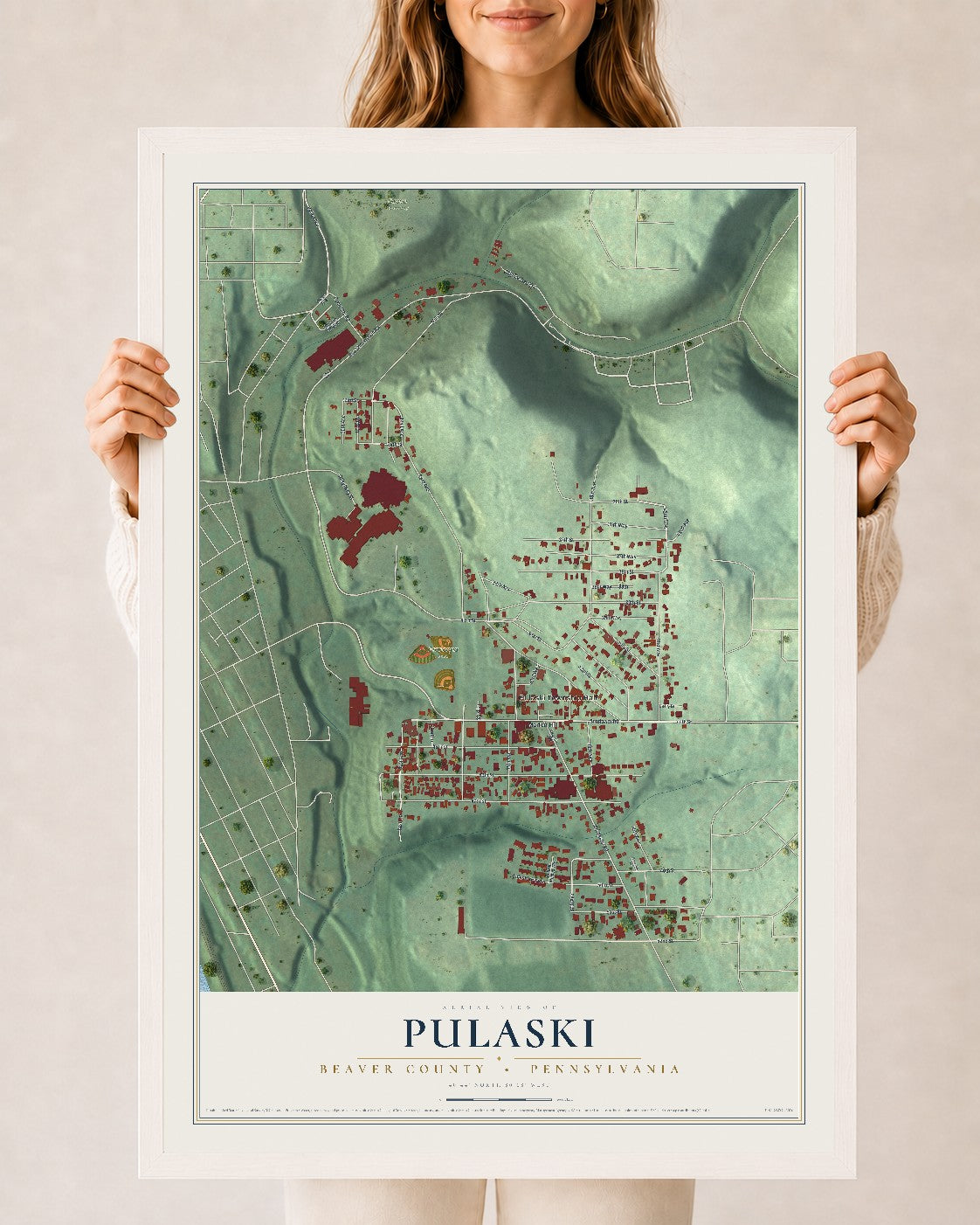 Map of Pulaski, Beaver County, Pennsylvania, 24 x 36 inch print in a white wood frame