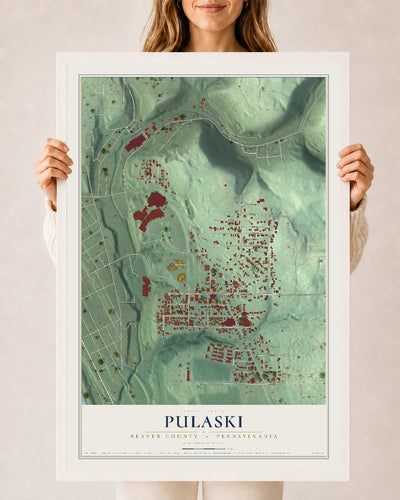 Map of Pulaski, Beaver County, Pennsylvania, 24 x 36 inch print in a white wood frame