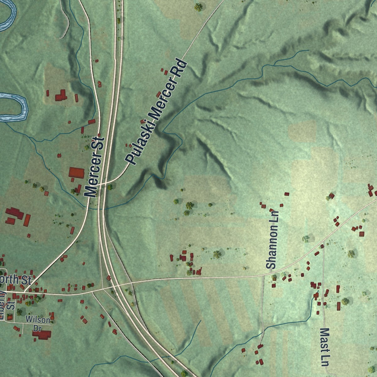 Close-up of the map of Pulaski, Lawrence County, Pennsylvania print showing street and building detail