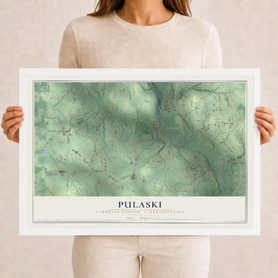 Map of Pulaski, Lawrence County, Pennsylvania, 12 x 18 inch print in a white wood frame