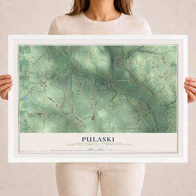 Map of Pulaski, Lawrence County, Pennsylvania, 18 x 24 inch print in a white wood frame