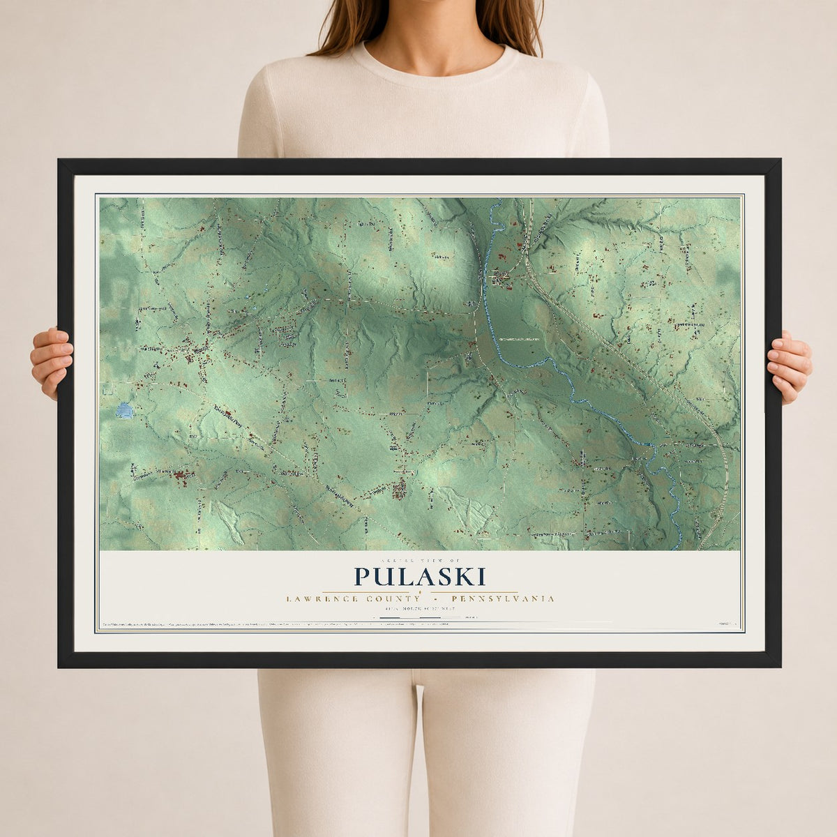Map of Pulaski, Lawrence County, Pennsylvania, 24 x 36 inch print in a black wood frame