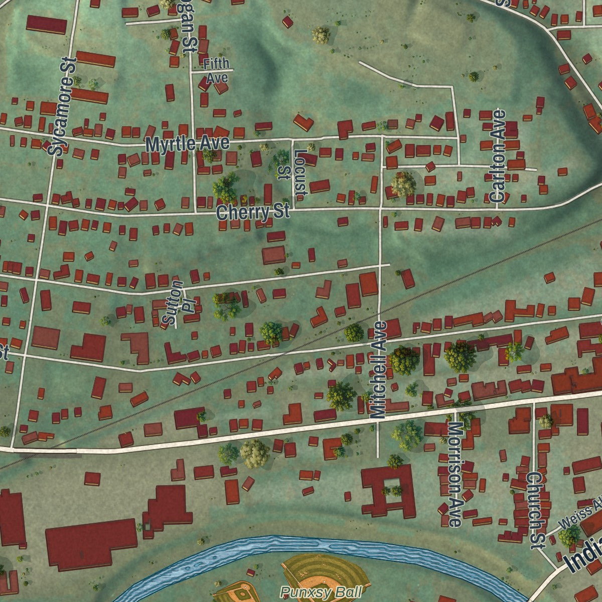 Second close-up of the map of Punxsutawney, Pennsylvania print showing more streets and buildings
