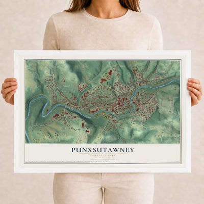 Map of Punxsutawney, Pennsylvania, 12 x 18 inch print in a white wood frame