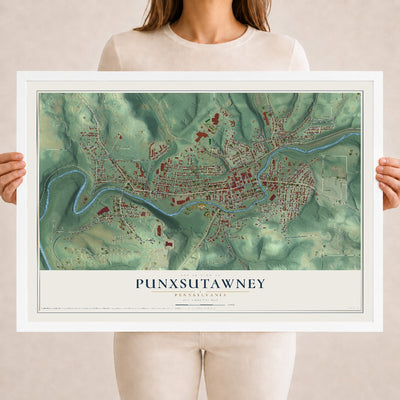 Map of Punxsutawney, Pennsylvania, 18 x 24 inch print in a white wood frame