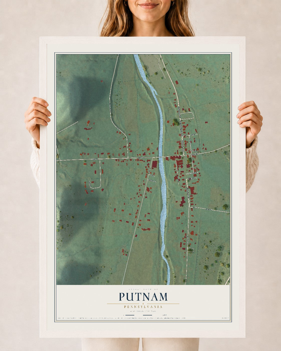 Map of Putnam, Pennsylvania, 24 x 36 inch print in a white wood frame