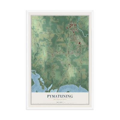 Map of Pymatuning, Pennsylvania, 12 x 18 inch print in a white wood frame