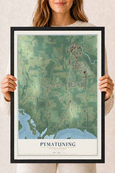 Map of Pymatuning, Pennsylvania, 18 x 24 inch print in a black wood frame