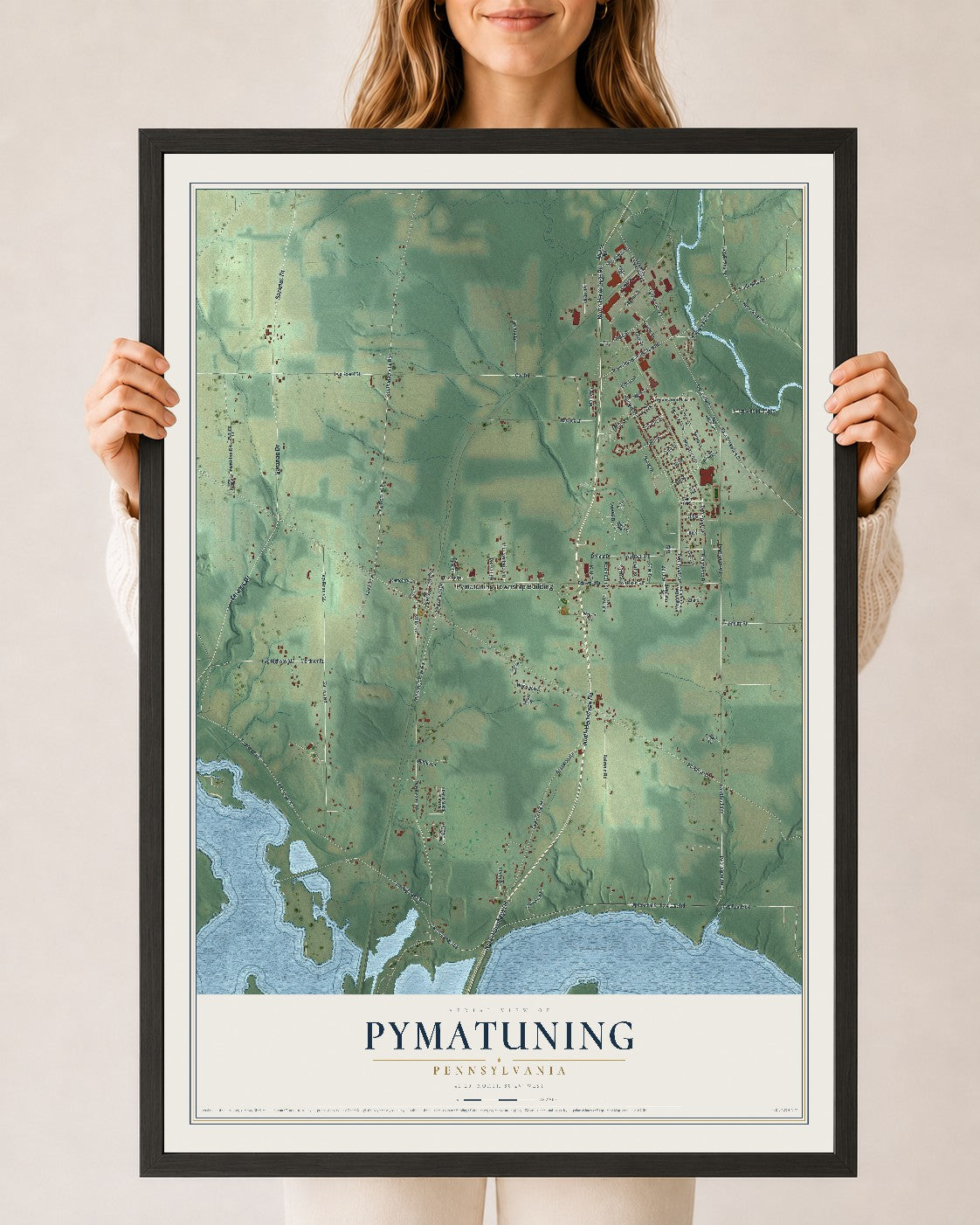 Map of Pymatuning, Pennsylvania, 24 x 36 inch print in a black wood frame