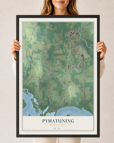 Map of Pymatuning, Pennsylvania, 24 x 36 inch print in a black wood frame