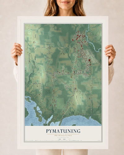 Map of Pymatuning, Pennsylvania, 24 x 36 inch print in a white wood frame