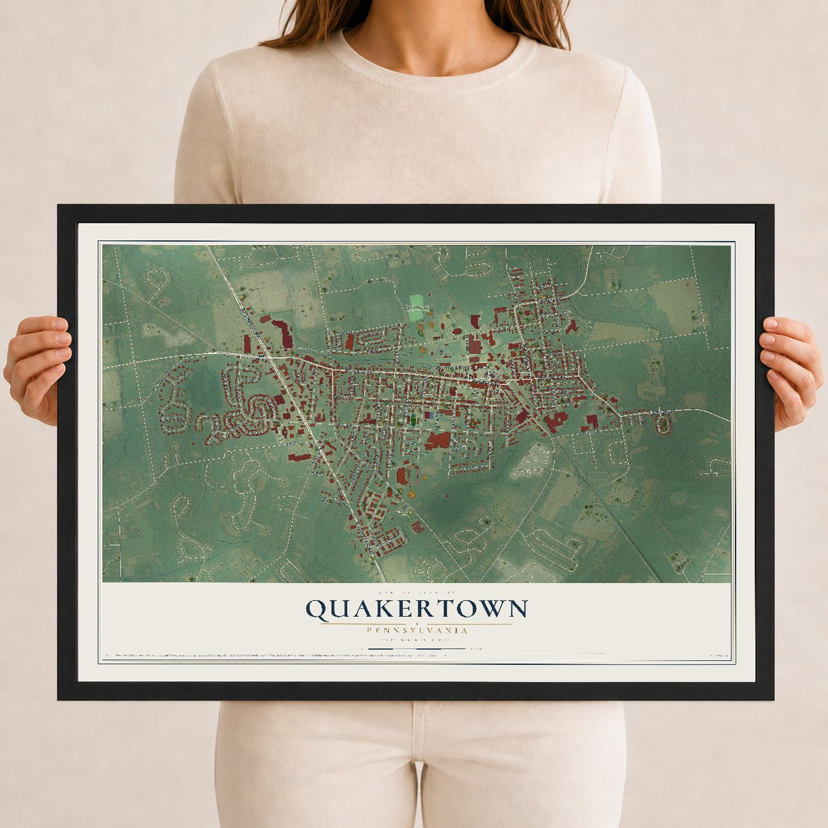 Map of Quakertown, Pennsylvania, 12 x 18 inch print in a black wood frame