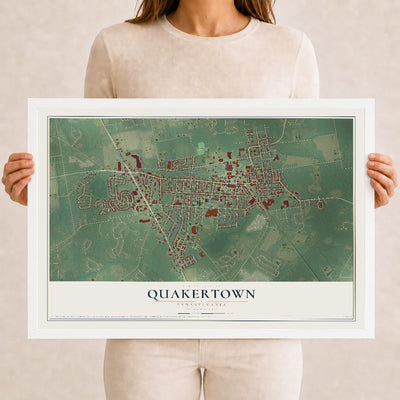 Map of Quakertown, Pennsylvania, 12 x 18 inch print in a white wood frame