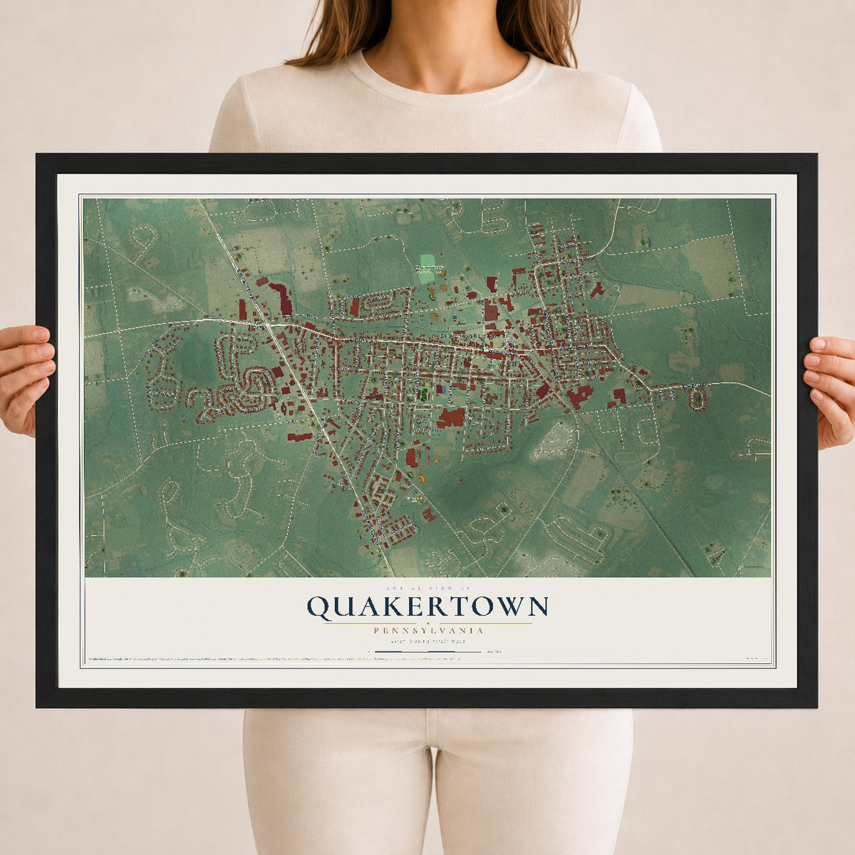 Map of Quakertown, Pennsylvania, 18 x 24 inch print in a black wood frame