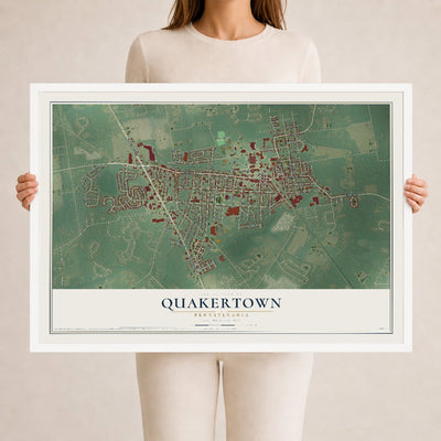 Map of Quakertown, Pennsylvania, 24 x 36 inch print in a white wood frame