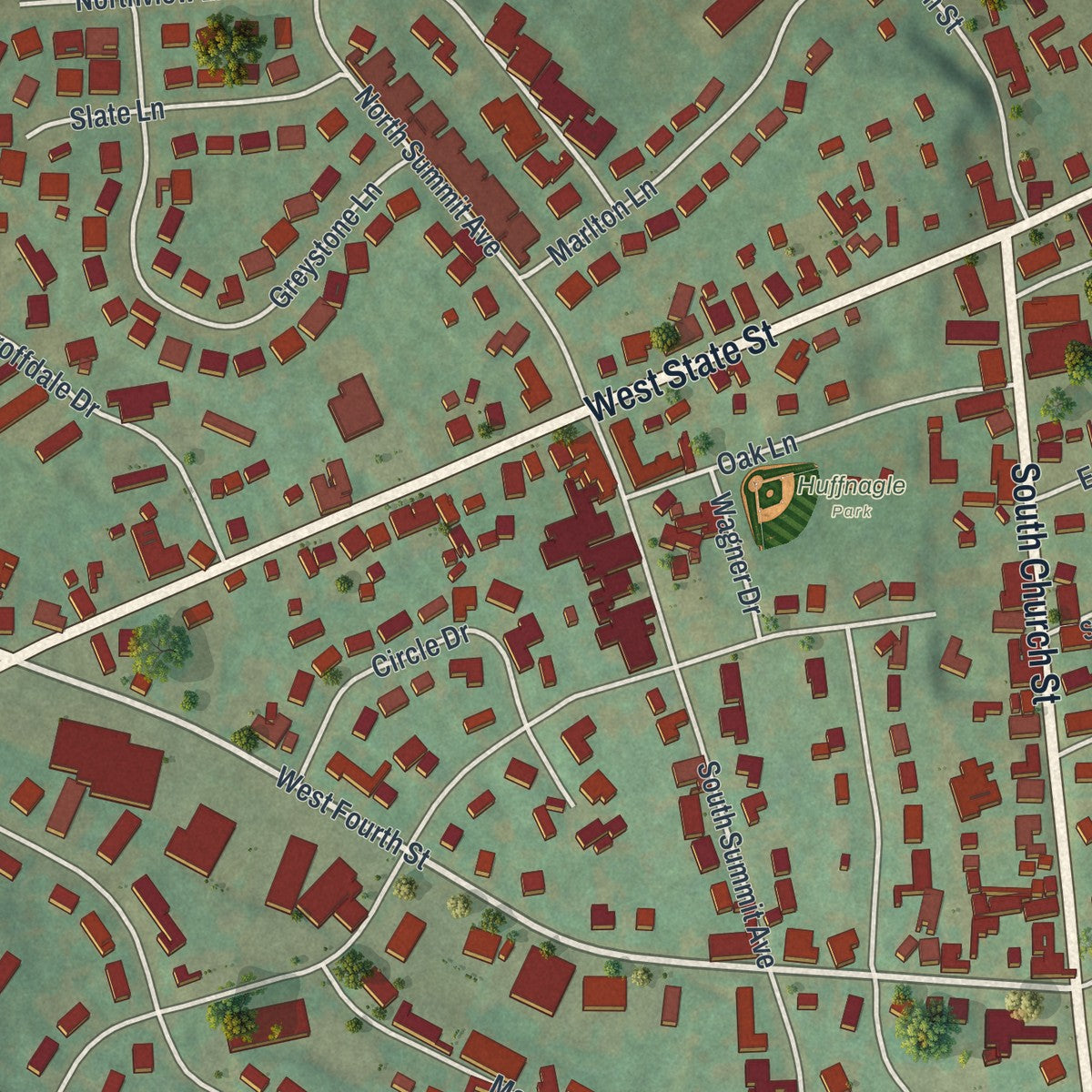 Close-up of the map of Quarryville, Pennsylvania print showing street and building detail