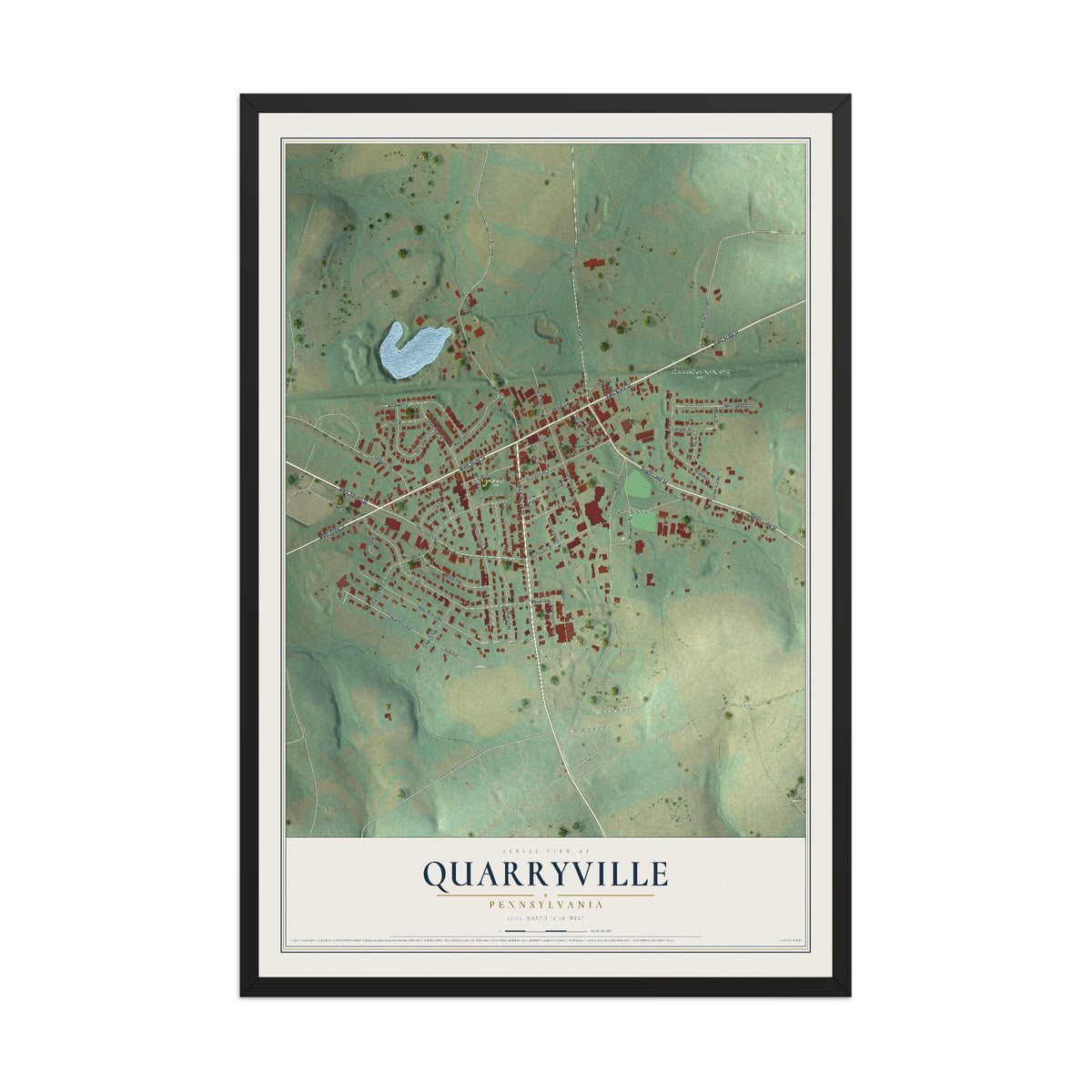 Map of Quarryville, Pennsylvania, 12 x 18 inch print in a black wood frame
