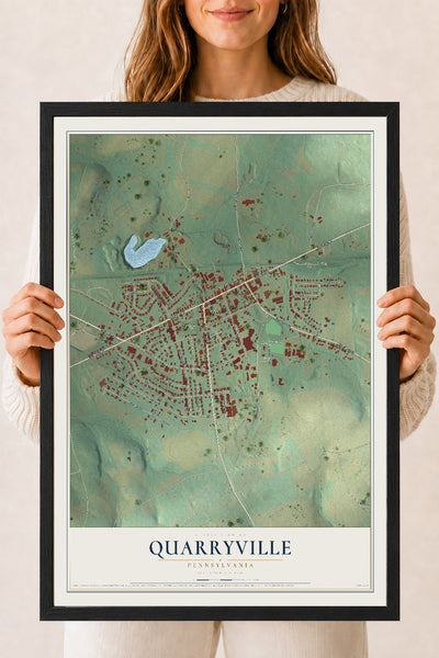 Map of Quarryville, Pennsylvania, 18 x 24 inch print in a black wood frame
