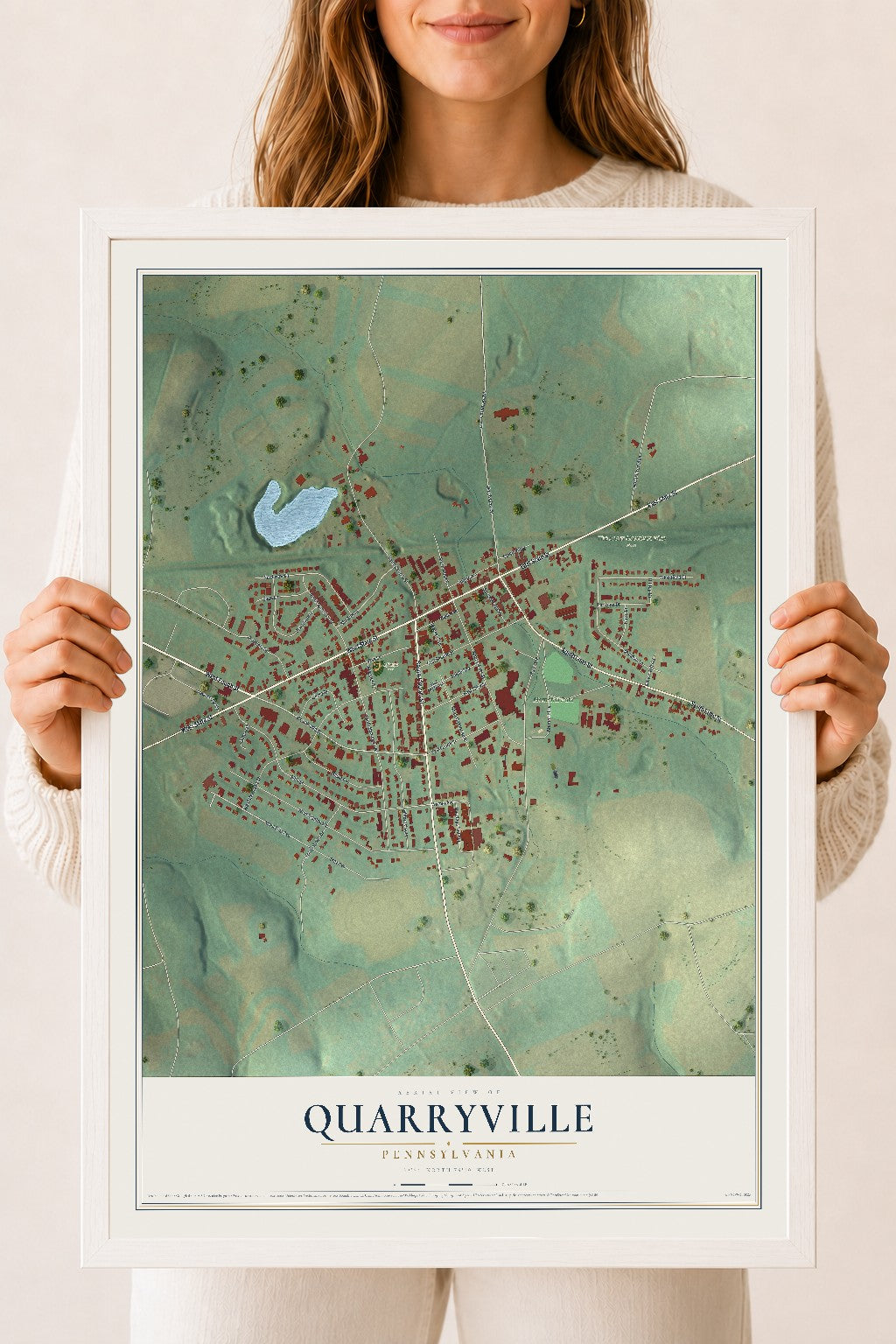 Map of Quarryville, Pennsylvania, 18 x 24 inch print in a white wood frame