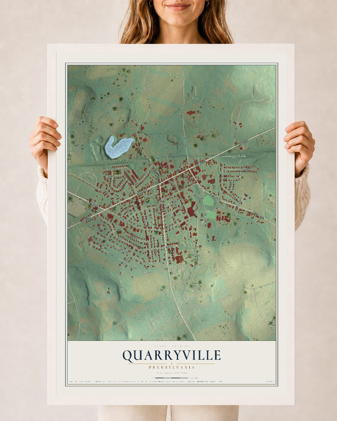 Map of Quarryville, Pennsylvania, 24 x 36 inch print in a white wood frame