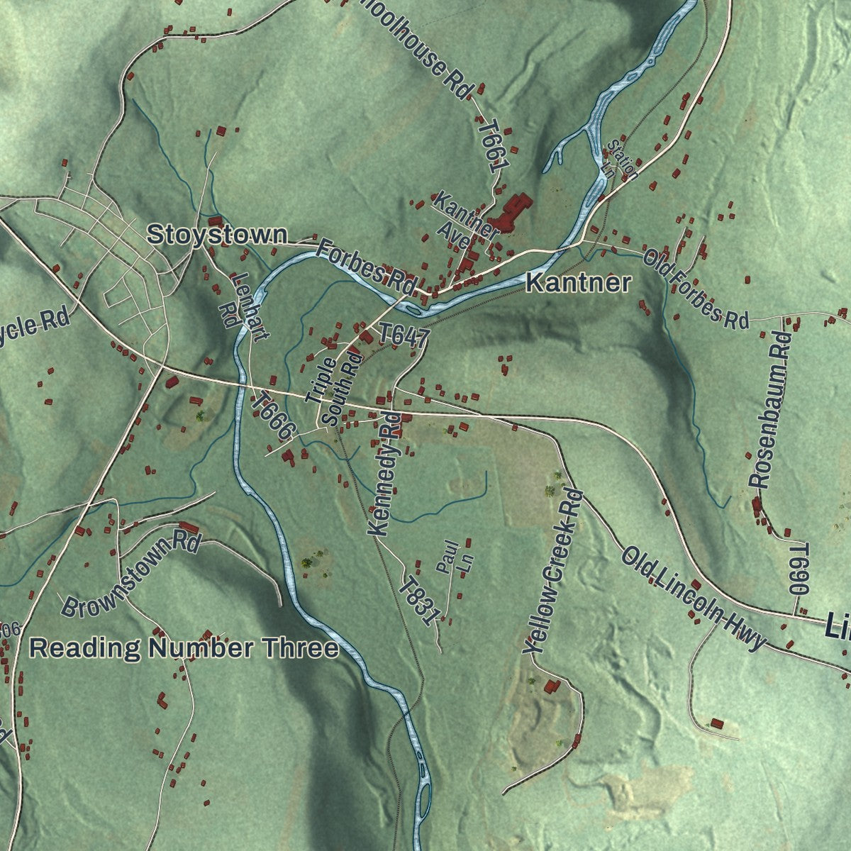 Close-up of the map of Quemahoning, Pennsylvania print showing street and building detail