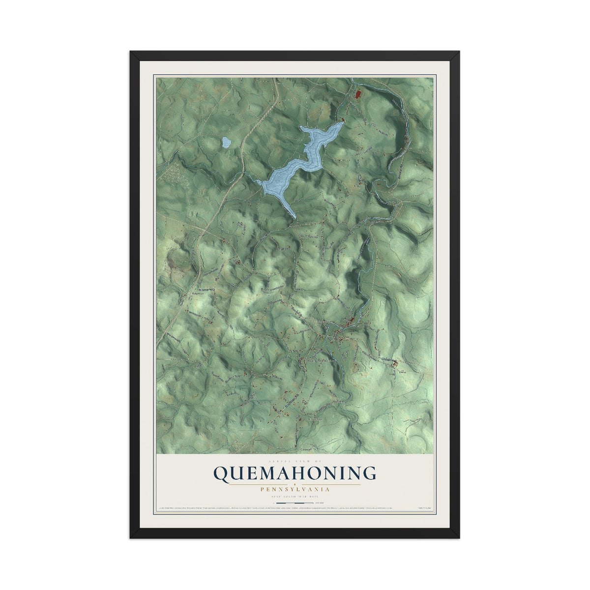 Map of Quemahoning, Pennsylvania, 12 x 18 inch print in a black wood frame