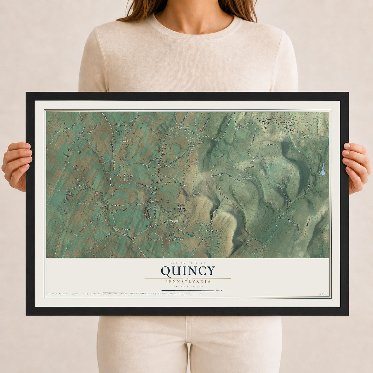 Map of Quincy, Pennsylvania, 12 x 18 inch print in a black wood frame