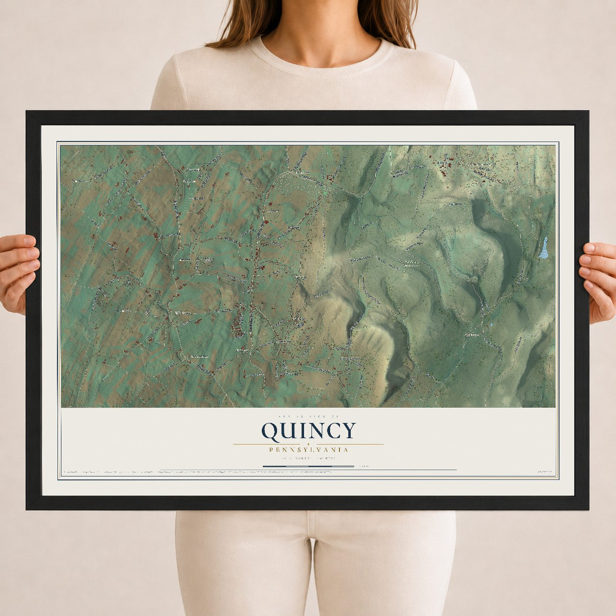 Map of Quincy, Pennsylvania, 18 x 24 inch print in a black wood frame