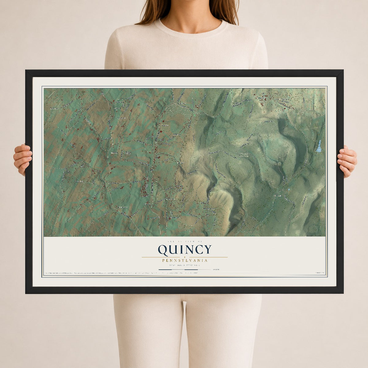 Map of Quincy, Pennsylvania, 24 x 36 inch print in a black wood frame
