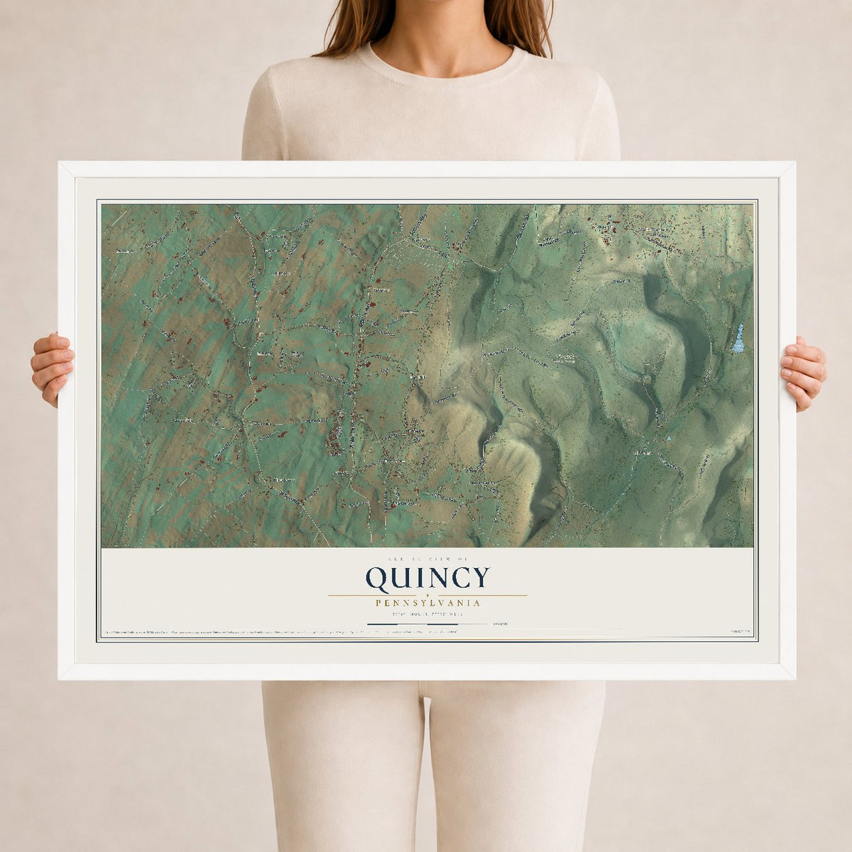 Map of Quincy, Pennsylvania, 24 x 36 inch print in a white wood frame